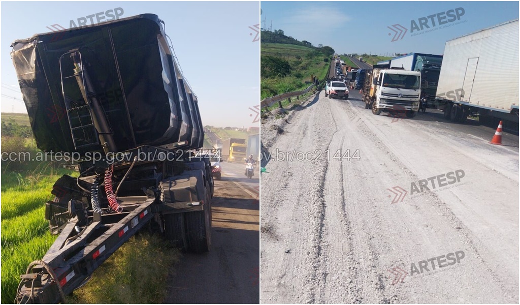 Carreta bate em defensa metálica e tomba na Anhanguera em Leme